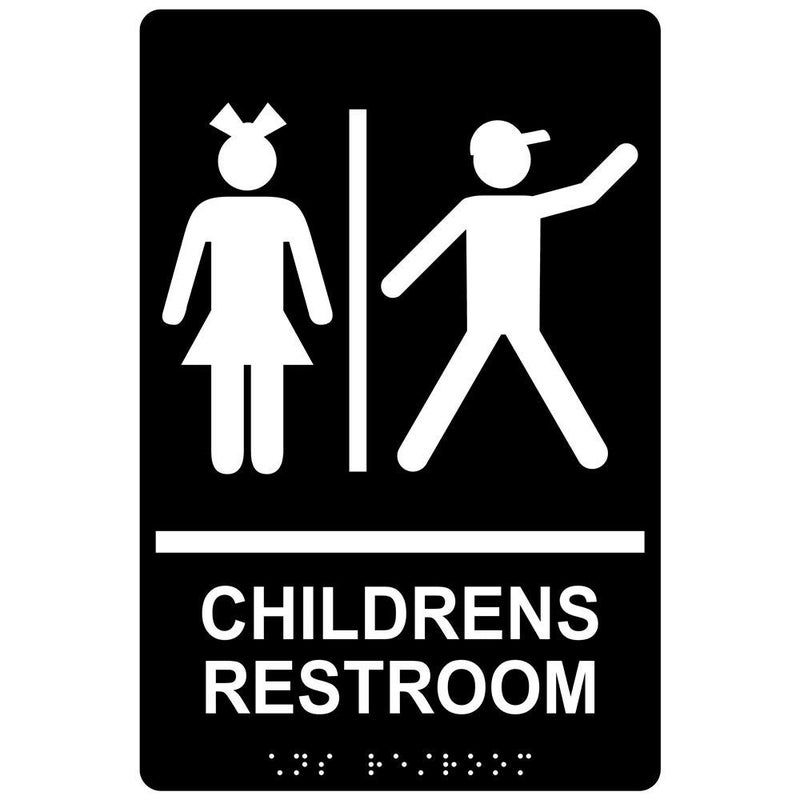 ComplianceSigns.com Childrens Restroom Sign, ADA-Compliant Braille and Raised Letters, 9x6 inch White on Black Acrylic with Adhesive Mounting Strips, American Made Safety Signs for the Workplace - Image 1